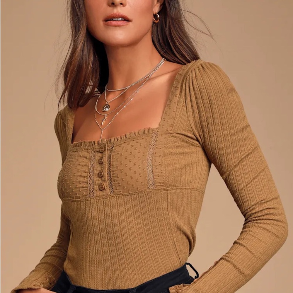 Free People Sugar Sugar Brown Square Neck Top